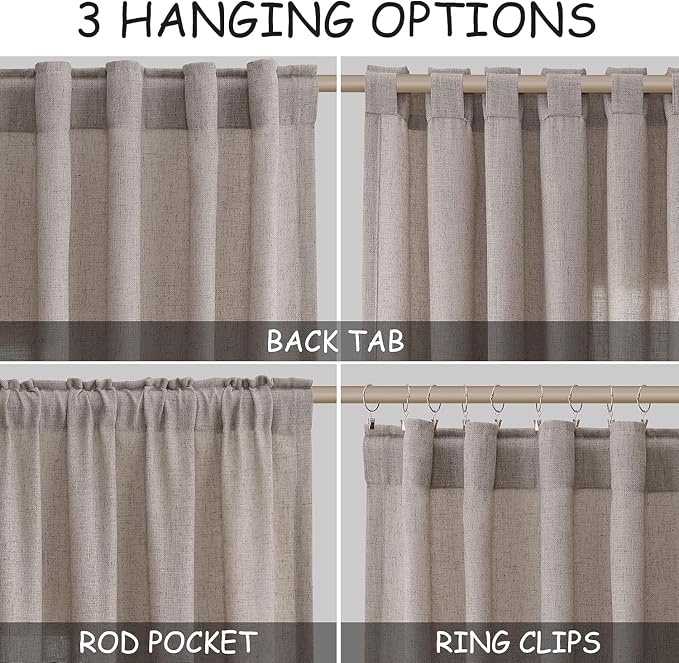 Nanspring Brownish Grey Linen Curtains for Living Room 112 Inches Long Back Tab Light Filtering Semi Sheer Curtain Modern Farmhouse Decor for Bedroom Office Luxury Textured Drapes 52x112, 2 Panels