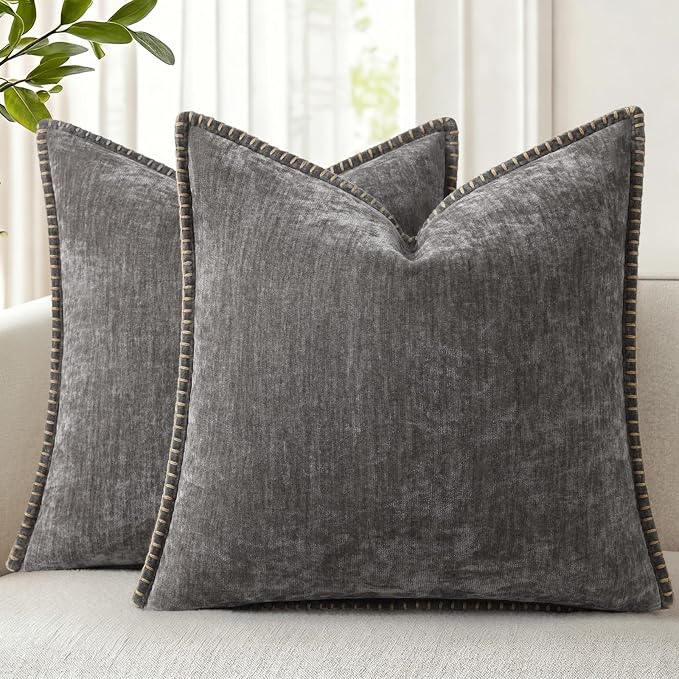 decorUhome Soft Chenille Throw Pillow Covers 18x18 Set of 2 Dark Grey | Fall Textured Decorative Throw Pillow Cases Stitched Edge Modern Farmhouse Luxury Boho Velvet for Couch Sofa Bed Home Decor
