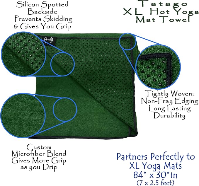 Tatago Hot Yoga Mat Towel Non Slip for Hot Yoga (72-84 inch Mats) Our Hot Yoga Towel Non Slip Silicone Dabs & Absorbent Microfiber Blend Gives You More Grip As You Drip! (Ezmeraldo, XL - 84")