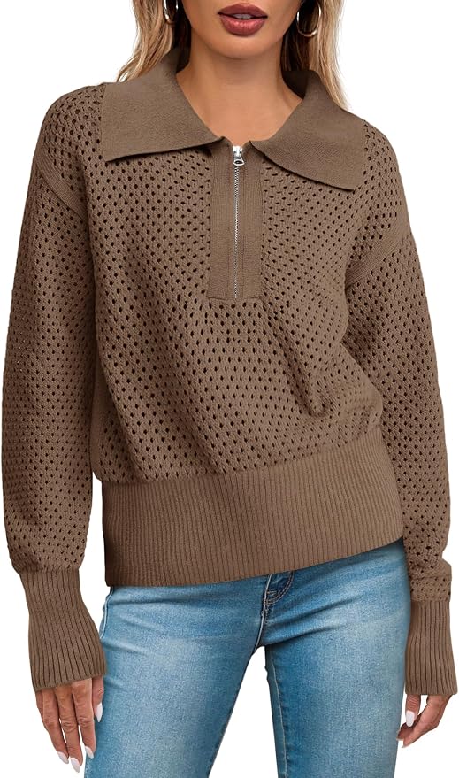 Doshoop Womens Summer Crochet Sweaters Long Sleeve Hollow Out Knit Half Zip Lapel Collar Pullover Tops