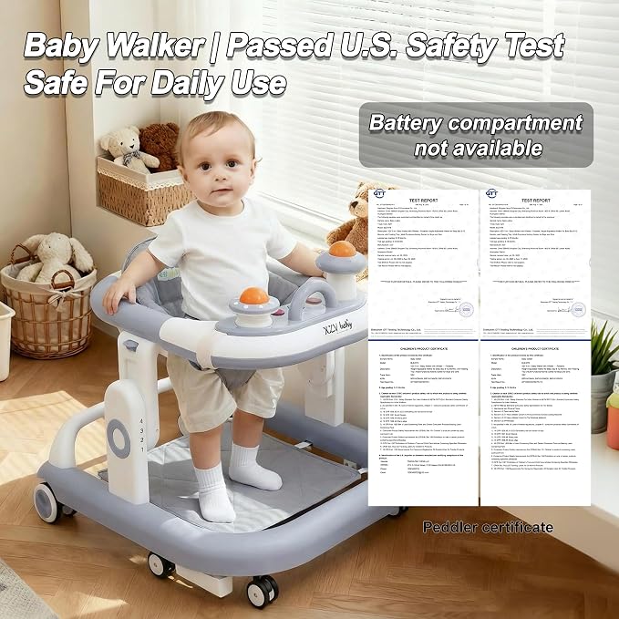5-in-1 Baby Walker with Wheels Foldable Height-Adjustable Walker for Baby Boy 6-12 Months with Feeding Tray Multi-Functional Activity Center Battery-Free Function (Grey)