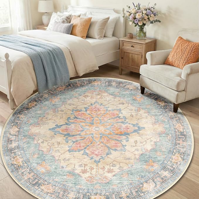RELEANY Area Rugs Round 6ft Washable Non-Slip, Floral Vintage Distress Medallion Carpet for Living Room Bedroom Dining Room, Blue Orange Red