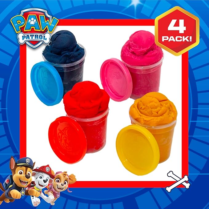 Paw Patrol Dough, 4-Pack of Sensory Dough, Resealable Storage Containers with Character Impression Molded Lids, Paw Patrol Toys, Goodie Bags Stuffers for Kids, Kids Party Favors, Arts & Crafts