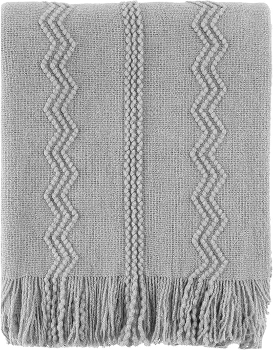 BATTILO HOME Light Grey Throw Blanket for Couch, Geometric Grey Bed Throws Decorative Boho Blanket for Sofa Living Room, 50"x60"