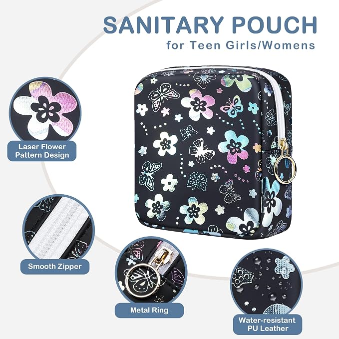 Likesing Period Bag Pouch, Leather Sanitary Napkin Storage Bag for Girls Womens, Portable Sanitary Napkin Period Pad Pouch Bag for Purse, Small Make Up Bags(Flower Butterflies)