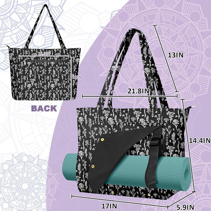 Yoga Bag for Women, Large Canvas Yoga Mat Tote Bag with Yoga Mat Carrier - Large Mat Pocket Fitness Tote for Pilates, Gym, Travel, Office & Beach