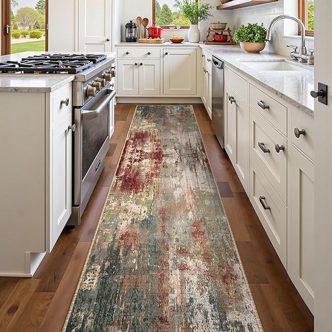 RELEANY Washable Runner 2'x8' Abstract Area Rug for Hallway Rustic Brown | carpet for kitchen, entryway, bathroom, living room, bedroom, printed pattern, non-slip, soft, stain-resistant, easy to clean