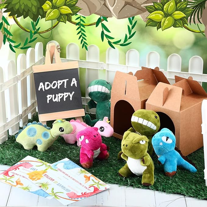 84 Pcs Adopt a Pet Party Favors 24 Mini Plush Stuffed Animals 10 White Plastic Fence 24 Paper Gift Boxes 24 Adoption Cards with Mini Chalkboard and Artificial Lawn (Dinosaur)