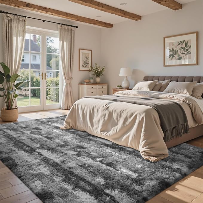 4x6 Feet Area Rugs for Bedroom, Grey and White Plush Fluffy Shaggy Living Room Rugs Non-Slip, Ultra Soft Carpet for Nursery Kids PlayRoom Dorm Office Indoor