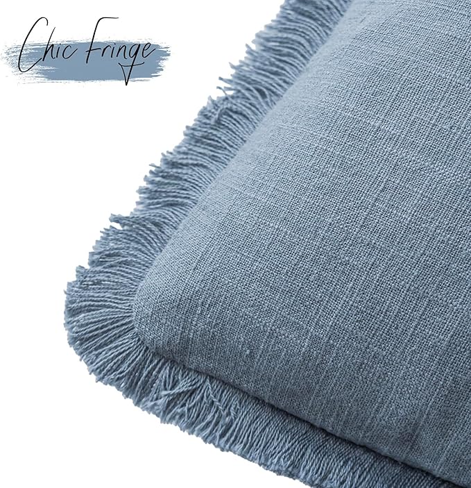 Foindtower Set of 2 Decorative Linen Fringe Throw Pillow Covers Cozy Boho Farmhouse Cushion Cover with Tassels Soft Accent Pillowcase for Couch Sofa Bed Living Room Home Decor, 18×18 Inch, Misty Blue