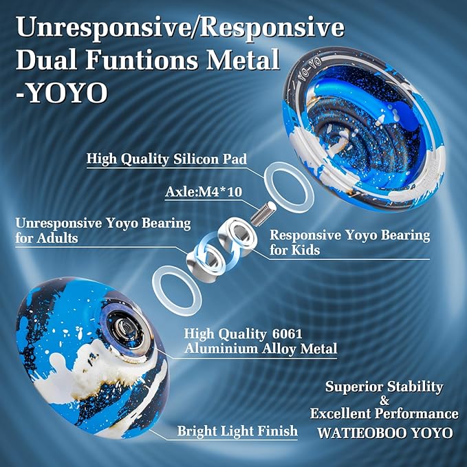 WATIEOBOO Responsive Metal Yoyo Professional yoyo,Professional Unresponsive Yo yo for Adults Pro Metal Trick Yo-yo with Yo Yos Bearing Kit 10 Strings, Case & Gloves - Black Blue Silver