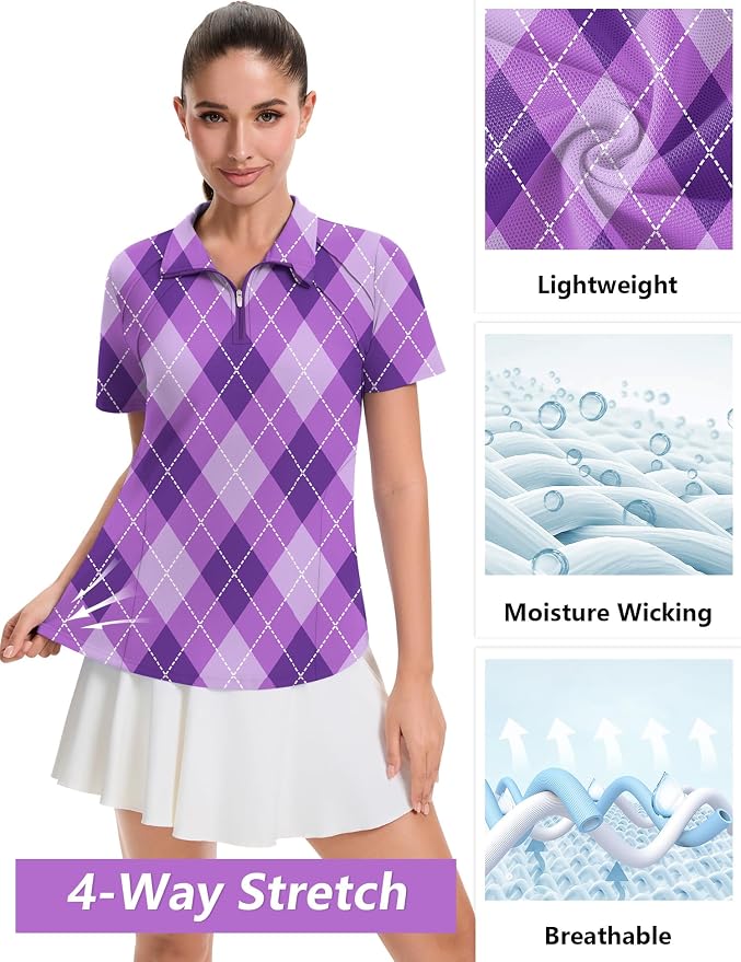 LOMON Womens Golf Polo Shirt Summer Short Sleeve Quarter Zip Outfit | Side-Pockets,Princess Seams,Cotton,Wrinkle Free,Moisture Wicking,Quick-Dry,Lightweight,Collared,for Tennis Workout