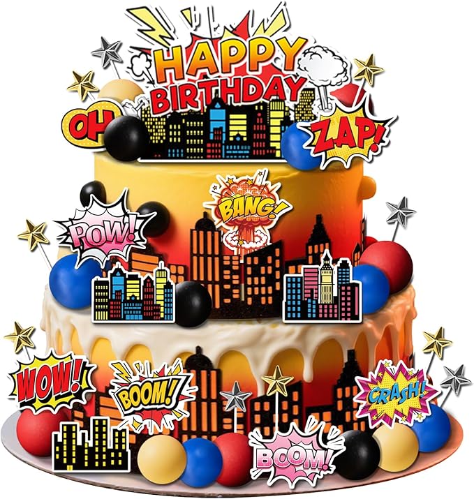 46 PCS Superhero Cake Topper - Happy Birthday Decorations for Hero Themed Party Supplies - City Cake Decor (blue)