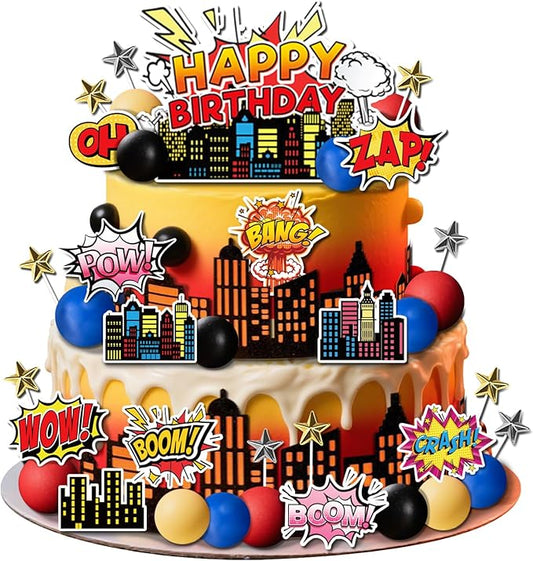 46 PCS Superhero Cake Topper - Happy Birthday Decorations for Hero Themed Party Supplies - City Cake Decor (blue)
