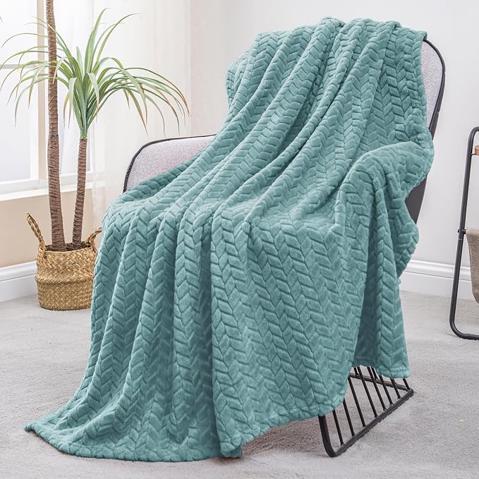 Exclusivo Mezcla Fleece Throw Blanket for Couch Sofa, 50”x70”, Celadon | Oversized Soft Cozy Fluffy Blankets for Summer, Decorative Plush Flannel Throws for Living room, Bedroom with Leaves Pattern