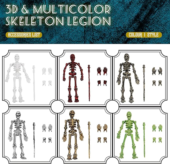 6 Pack T13 Action Figures Set, Skeletons for Halloween, Dummy 13, Titan 13 Skeleton Action Figure, Skeleton Toy 3D Printed Multi-Jointed Movable Skeleton Decor
