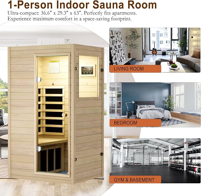Kanlanth 1 Person Infrared Sauna - Premium European Aspen Wood, 905W Energy Efficient, Low EMF Indoor Sauna, Bluetooth Speakers, Compact Home Spa for Small Spaces, 36.6"x29.3"x63", Right Door