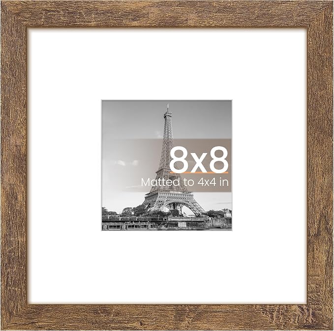 upsimples 8x8 Picture Frame, Display Pictures 4x4 with Mat or 8x8 Without Mat, Wall Hanging Photo Frame, Rustic brown, 1 Pack
