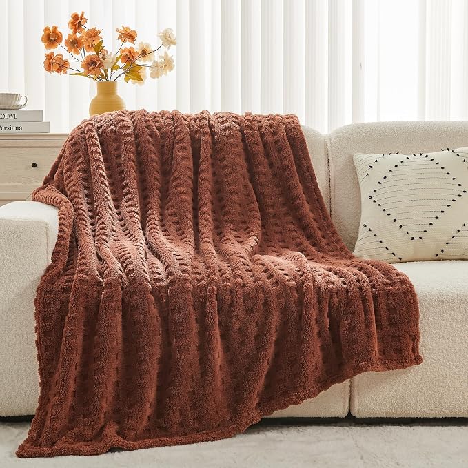 NEWCOSPLAY 3D Waffle Checkered Flannel Queen Blanket, Coffee, 90"x90" | Super Soft Cute Lightweight Decorative Premium Silky Fleece Blanket for Couch Sofa Bed, Gift for Women Men, All Season Use