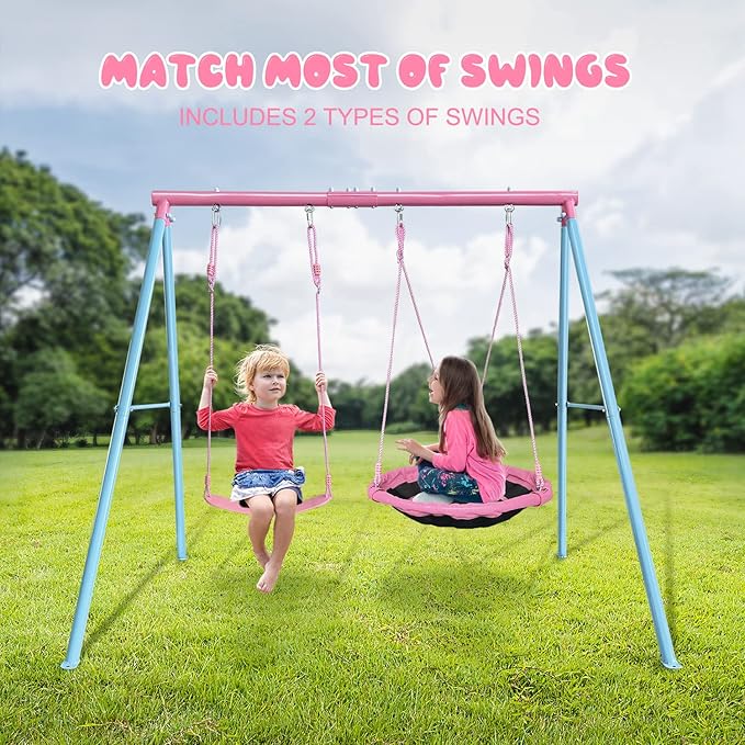 JYGOPLA 440lbs 2 Seat Kids Small Swing Sets for Backyard, 1 Saucer Tree Swing 32 inch, 1 Belt Swings, Heavy Duty Metal Swing Stand with Anchors(Pink+Blue)