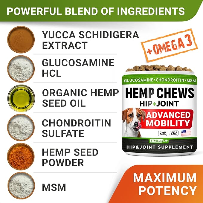 STRELLALAB Hemp Chews for Dogs - Hip & Joint Supplement with Glucosamine - Joint Pain Relief Treats - Omega 3, Chondroitin, MSM - Advanced Mobility Support - Bacon Flavor - 120 Ct - Made in USA