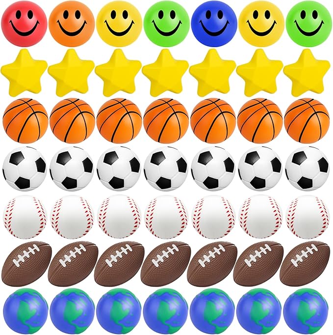 60 Pcs Sports Balls Bulk Kids Small Mini Stress Ball for Party Favor Toy, Including Basketball, Baseball, Football, Globe, Soccer, Star, Smile for Stress Relief School Prizes Carnival Fillers Gift