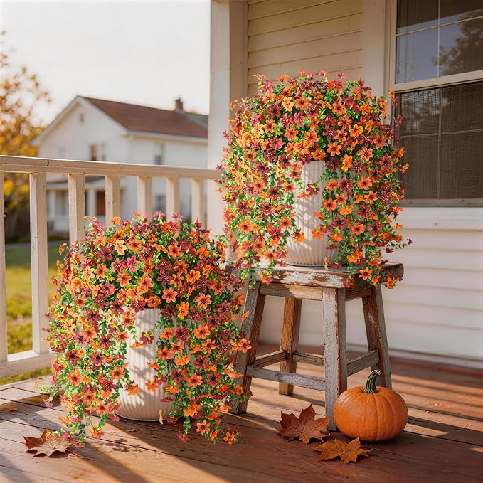 Artificial Fall Fake Flowers for Outdoor Decor,4 Pcs UV Resistant Faux Mums | Faux Hanging Flowers Outdoor Fall Decor, Look Real Autumn Silk Flower for Outside Home Porch Patio Yard Balcony Planter