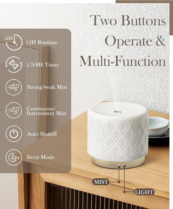 Essential Oil Diffuser - 280ml Ceramic Diffuser for Large Room & Commercial Use, 2.4MHz Aromatherapy Diffuser with Cool Mist Humidifier & Night Light, Ideal for Bedroom, Office, Yoga, Spa, Gifts