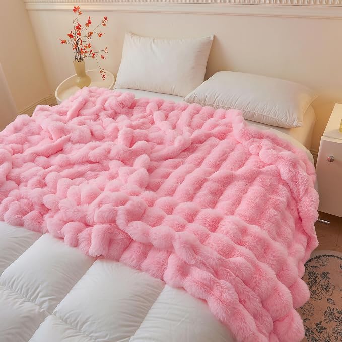 LIFEREVO Luxury Fluffy Faux Rabbit Fur Throw Blanket 60x80, Pink | Plush Fuzzy Bubble Lap Throw for Couch Sofa Office, Soft Cozy Furry Bed Blanket Home Decoration, Washable & Skin-friendly