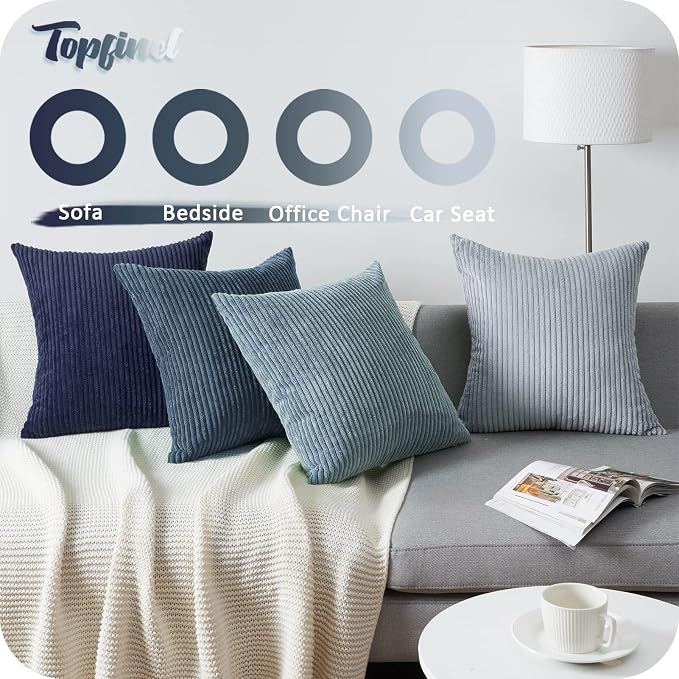 Topfinel Navy Blue Euro Shams Decorative Throw Pillow Covers 26x26 Inch Set of 4,Soft Corduroy Striped Gradient Color Large Cushion Cover for Beach,Patio,Balcony,Living Room,Summer Home Decor
