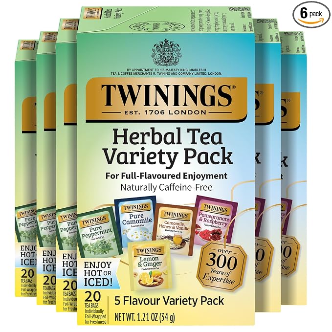 Twinings Herbal Tea Variety Pack, 20 Count (Pack of 6), Formerly Assorted Herbal, Includes 5 Flavours, Naturally Caffeine-Free, Enjoy Hot or Iced, 120 Teabags
