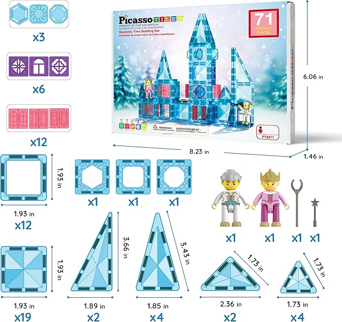PicassoTiles 71pc Mini Diamond Series Winter Ice Theme Magnetic Tile Building Blocks 2 Character Action Figures Travel Size On-The-Go Magnet Construction Toy Set STEM Development Kit Ages 3+ PTM71