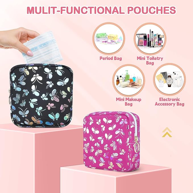 Likesing Tampon Holder for Purse, Leather Sanitary Napkin Storage Bag Period Bag Gift for Girls Women, Portable Sanitary Napkin Period Pad Pouch Tampon Bags for Purse(Rose red Butterfly)