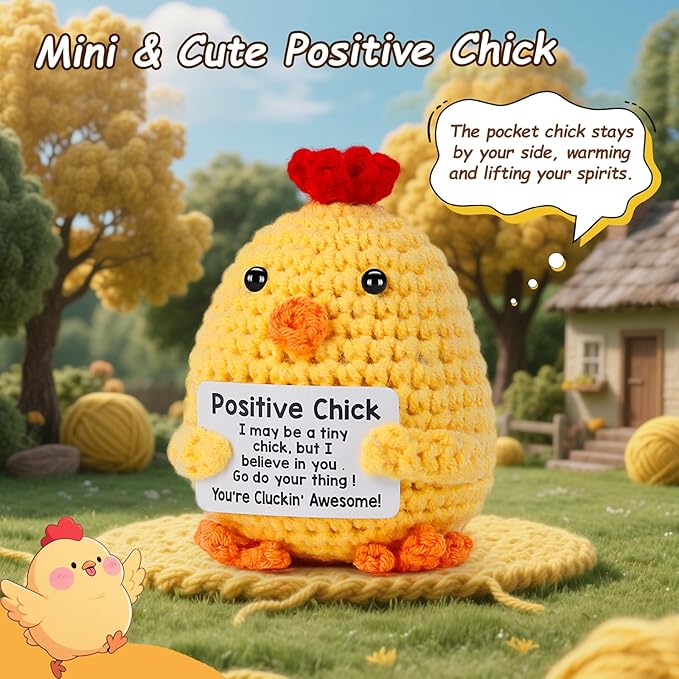 Positive Crochet Chicken, Handmade Emotional Support Animals Plush Cute Stuff, Funny Inspirational Friendship Stress Relief Birthday Graduation Gifts for Women Teens Girls Coworkers Friends