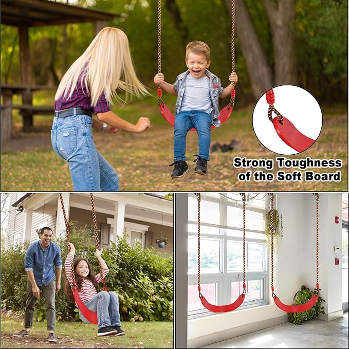 GOLDGE 3pcs Kids Outdoor Swing Set with Adjustable Ropes, Disc & Ring Hangers, Trapeze Bar, U-Board Seat and Monkey Bars with EVA Soft Disc for Backyard Play