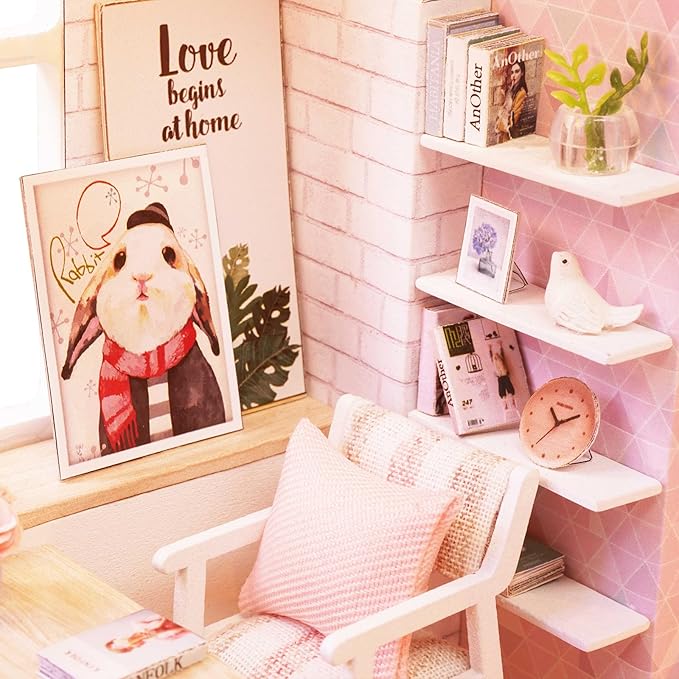 CUTEROOM DIY Miniature House Kit Handmade Wooden Dollhouse - Creative Doll House Kit for Birthday Plus Music Box & LED Light - Tranquil Time