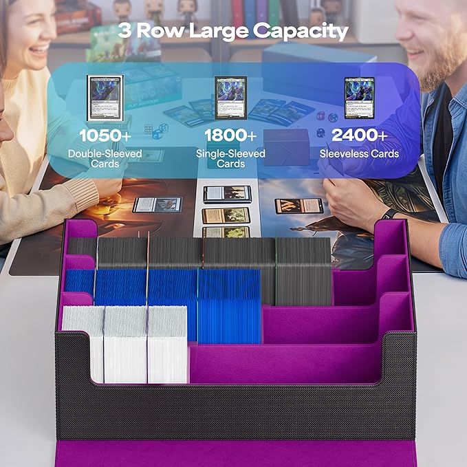 UAONO Trading Card Storage Box, Holds 1800 Sleeved Cards with 10 Dividers & 3 Stoppers, Magnetic Closure PU Leather Card Case for MTG, PTCG, YGO, Sports Cards (Black&Purple)