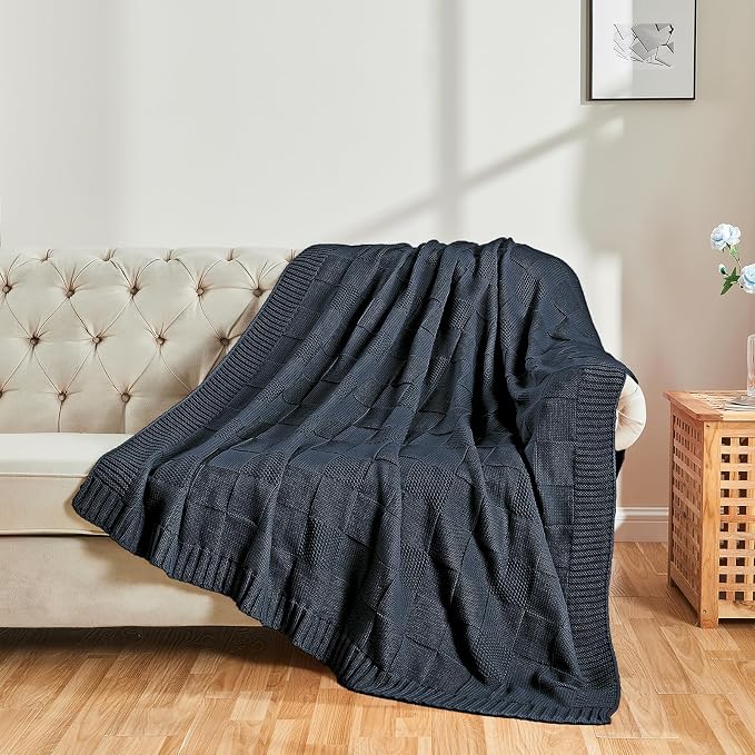 CozeCube Navy Blue Knitted Checkered Throw Blanket 50"X60" | Check Knit Throw for Couch, Decorative Christmas Soft Cozy Warm Blanket for Bed Sofa Living Room