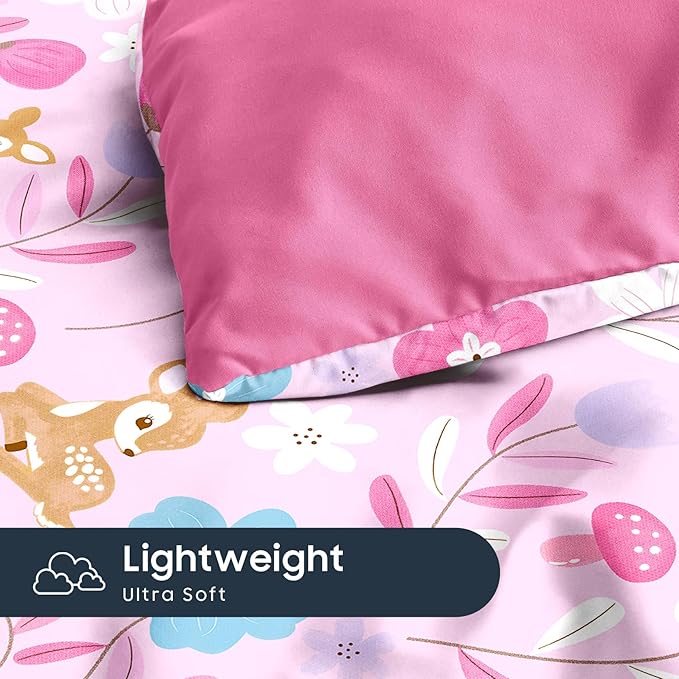 Wake In Cloud - Floral Bedding Set for Girls, Cute Colorful Botanical Flowers Deers Patterned Soft Lightweight Comforter Set with Sheets, 5 Pieces Kids Bed in a Bag, Pink, Twin Size
