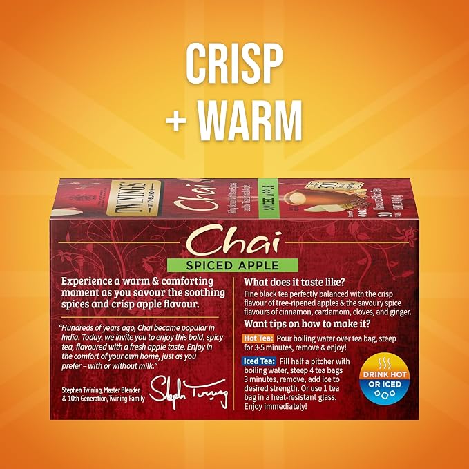 Twinings Spiced Apple Chai Black Tea Individually Wrapped Bags, 20 Count (Pack of 1), Sweet, Savoury Spices, Caffeinated, Enjoy Hot or Iced, 20 Teabags