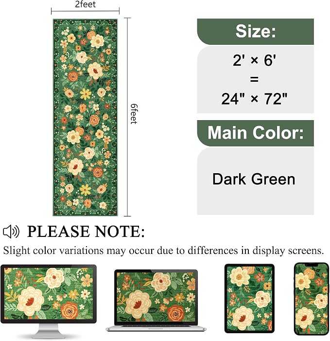 DUKINO 2x6 Runner Rug for Hallway Washable Kitchen Rugs Non Slip Dark Green | Low Pile, Soft, Floral Indoor Rug for Entryway, Bedroom, Laundry, Bathroom, Pet Friendly, Lightweight, Modern Home Decor