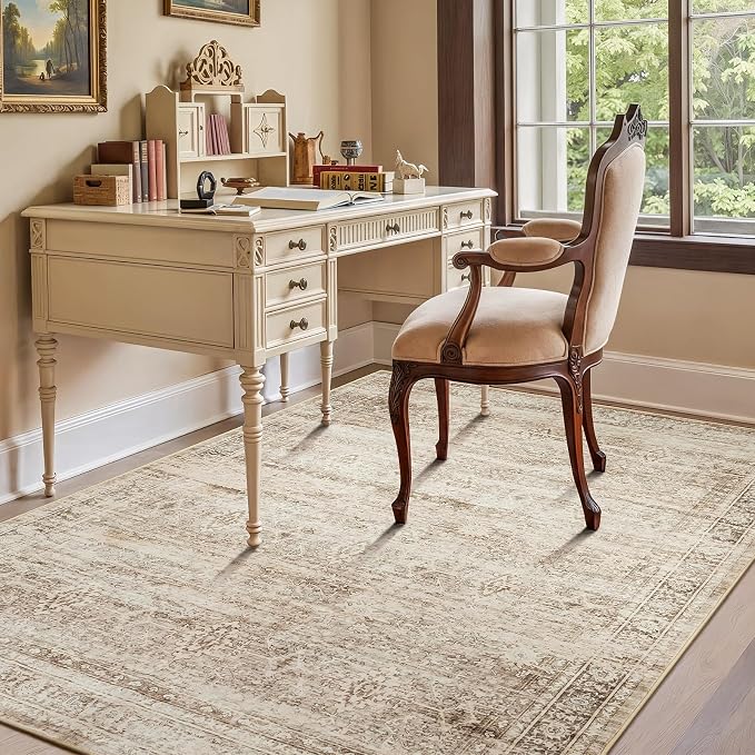 5x7 Area Rug for Living Room Bedroom, Non-Slip Washable Beige Carpet | Soft Neutral Rugs for Dining Room Home Office Indoor Nursery, Stain Resistant, Low Pile, Foldable, Vintage Distressed Rug