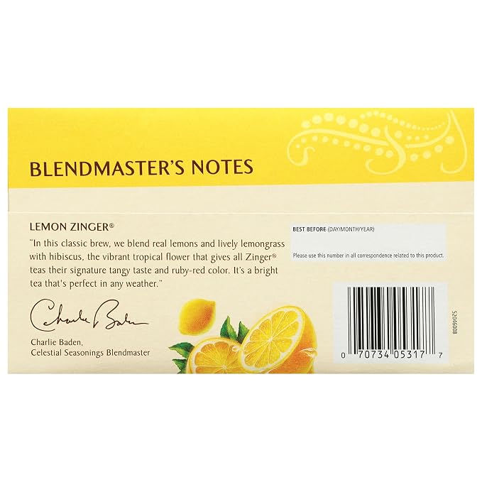 Celestial Seasonings Lemon Zinger Herbal Tea Box, Caffeine Free, 20 Tea Bags (Pack of 2)