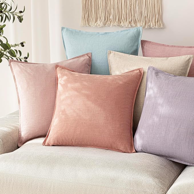 Foindtower Pack of 2, Decorative Linen Solid Throw Pillow Covers Soft Accent Euro Cushion Case Boho Farmhouse Pillowcase for Chair Couch Sofa Bedroom Living Room Home Decor 24 x 24 Inch Coral Pink