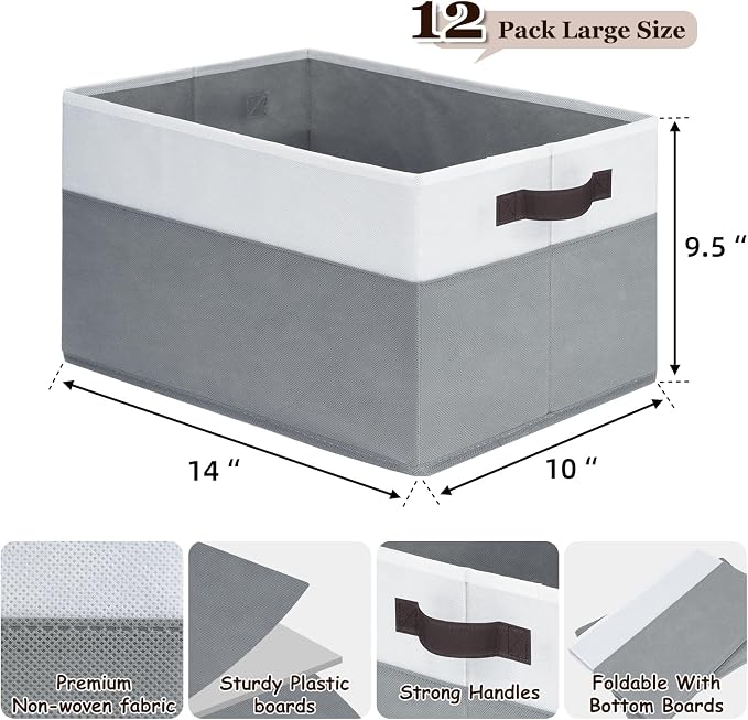 12 Pack Large Storage Baskets for Shelves | Fabric Closet Organizers and Storage Bins with Handles for Home Organization | Decorative Collapsible Basket for Organizing Clothes Toy Nursery