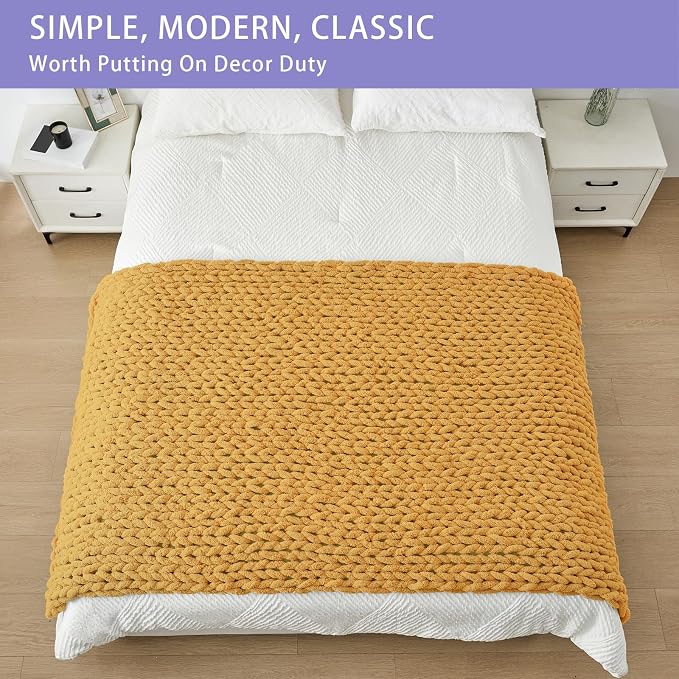 Bigacogo Chunky Knit Throw Blanket for Couch, 40x80 inches, Mustard Yellow | Hand Knit with Jumbo Chenille, Soft Breathable Cable Knit for Sofa Bed Living Room, Machine Washable, Gift for Mom Friend