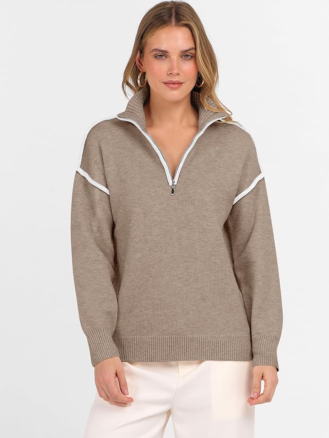 ANRABESS Womens Quarter Zip Sweaters Fall Long Sleeve V Neck Shirts Collared Business Casual Tops Knit Pullover Sweatshirts