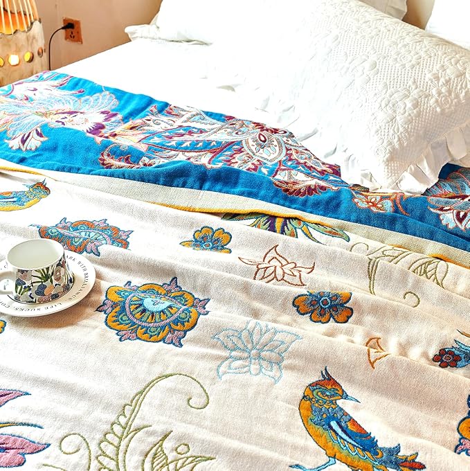 VANJOROY Boho Throw Blanket, 100% Organic Cotton Breathable Skin-Friendly Ultra Soft Bed Quilt Throw - All Season Floral Bird Farmhouse Décor Luxury Blanket for Sofa Couch Chair and Gift. 60" x 80"
