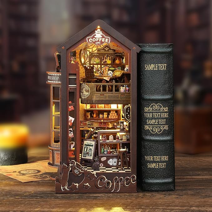 Foyucool DIY Book Nook Kit, Miniature Dollhouse Bookshelf Insert with Light, Laser-Cut Wooden Craft Set for Adults, Perfect for Teens and Adults, Coffee Shop