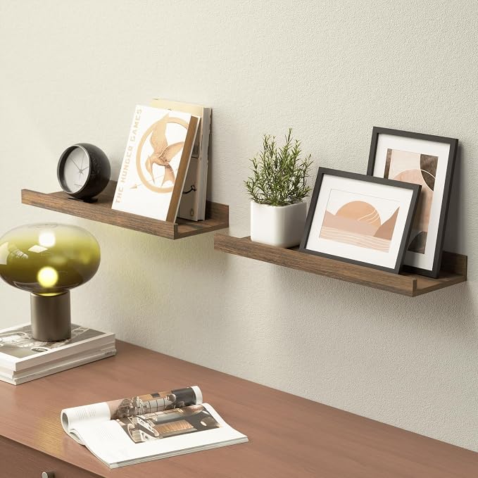 Boswillon Floating Shelves Set of 2, Small Wall Shelf with Lip, 16in, Brown | Display Ledge Shelf for Room Wall, Wall Decor Shelves for Bathroom, Living Room, Bedroom, Kitchen, Nursery Room, Rustic, Wood